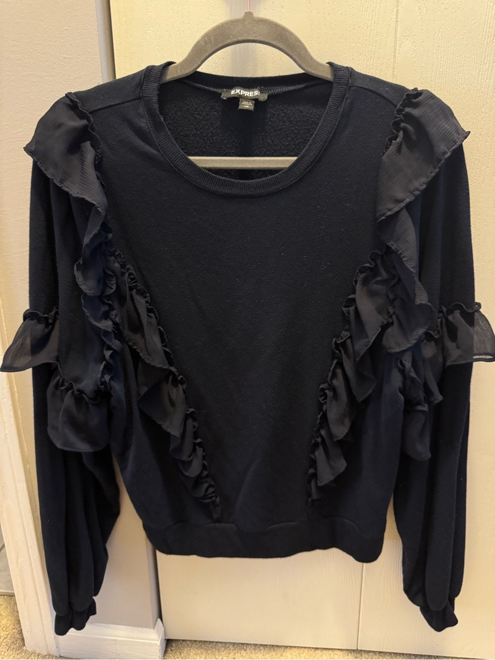 Express Navy Ruffle-Trim Pullover Sweatshirt